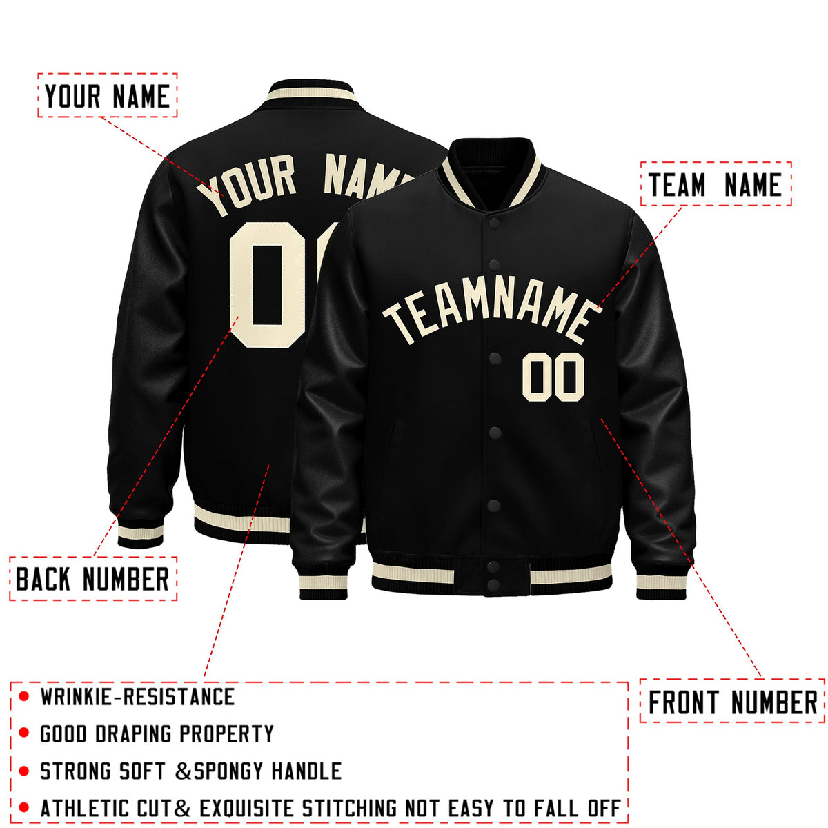 Custom Black Cream Classic Style Leather Sleeves Wrinkle-Resistant Jacket| KXKSHOP