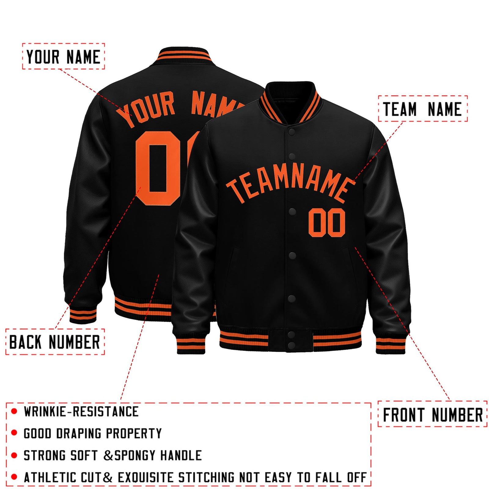 Custom Black Orange Classic Style Leather Sleeves Wrinkle-Resistant Jacket| KXKSHOP