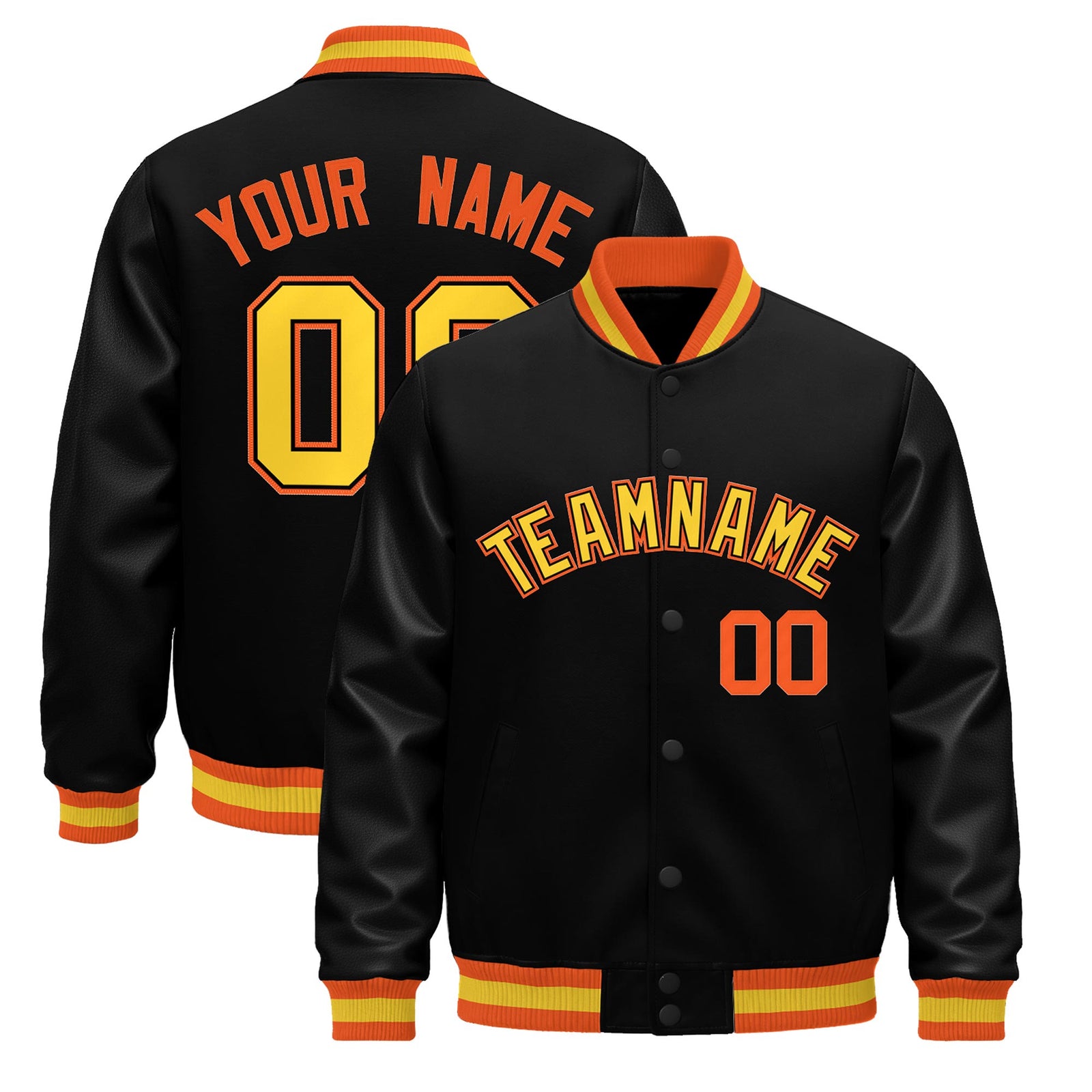 Custom Black Orange Gold Jacket - Classic Style Leather Sleeves Wrinkle-Resistant