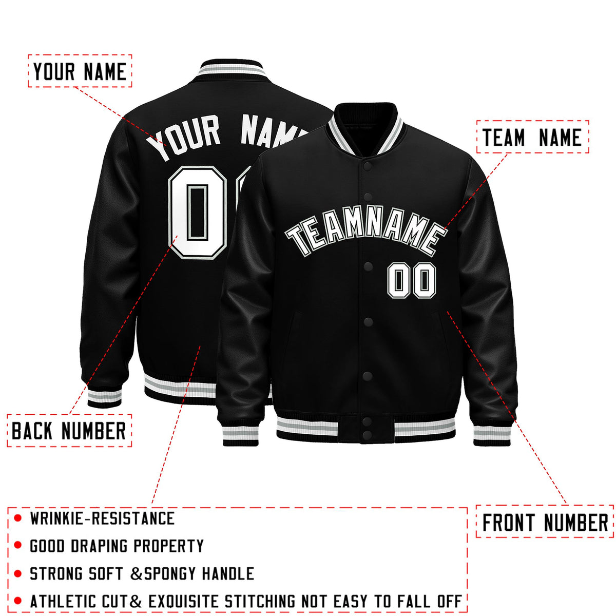 Custom Black White Gray Classic Style Leather Sleeves Wrinkle-Resistant Jacket| KXKSHOP