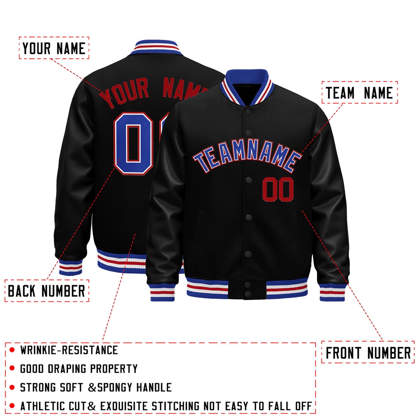 Custom Black Royal Blue White Classic Style Leather Sleeves Wrinkle-Resistant Jacket| KXKSHOP