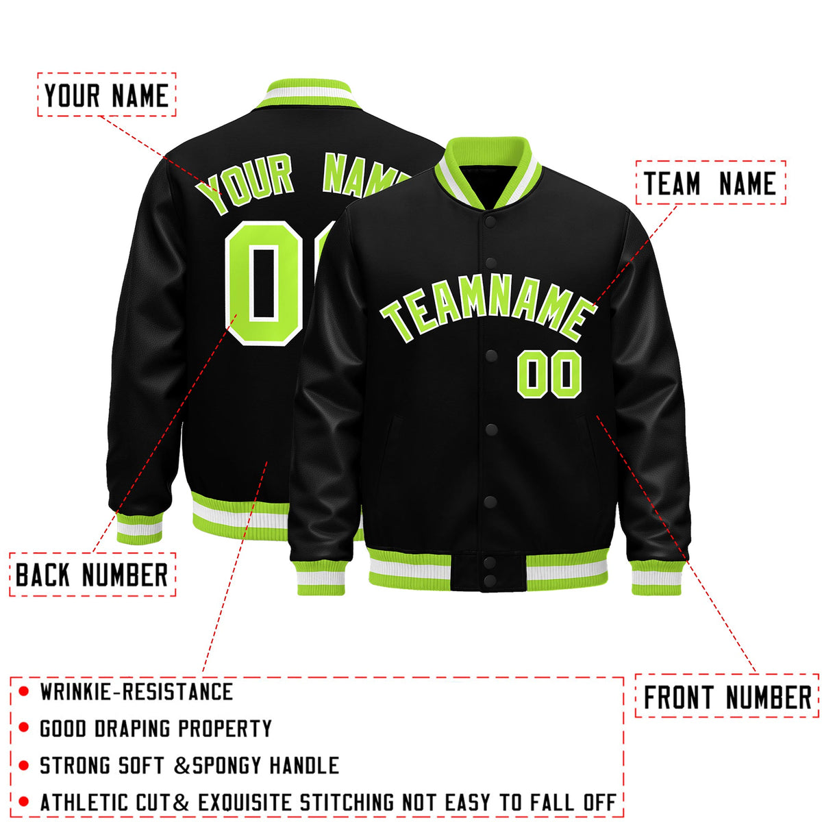 Custom Black Neon Green White Classic Style Leather Sleeves Wrinkle-Resistant Jacket| KXKSHOP