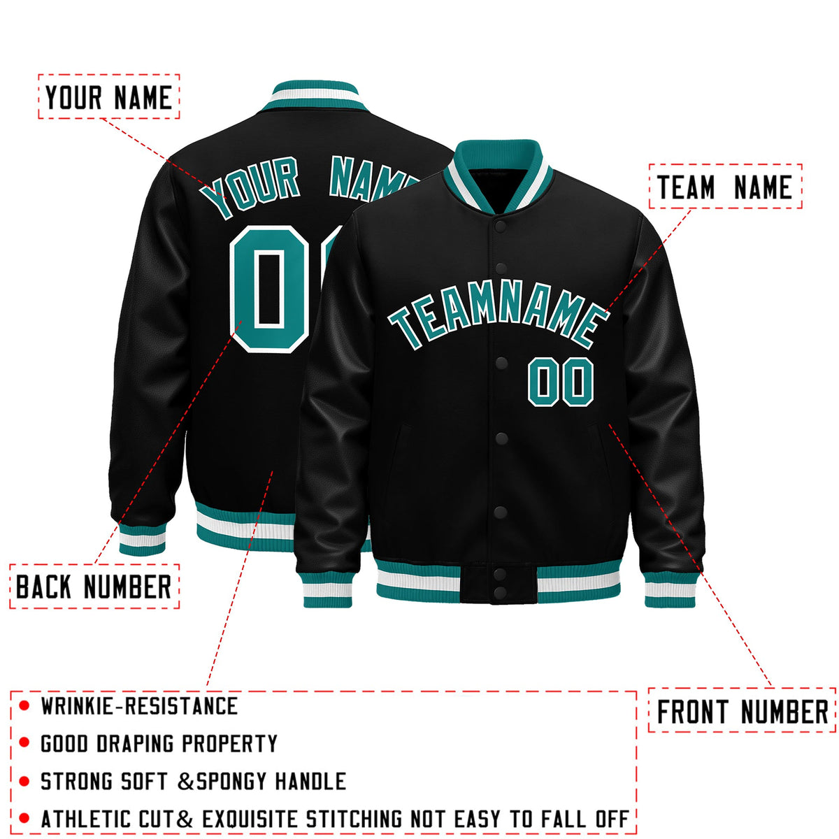 Custom Black Aqua White Classic Style Leather Sleeves Wrinkle-Resistant Jacket| KXKSHOP