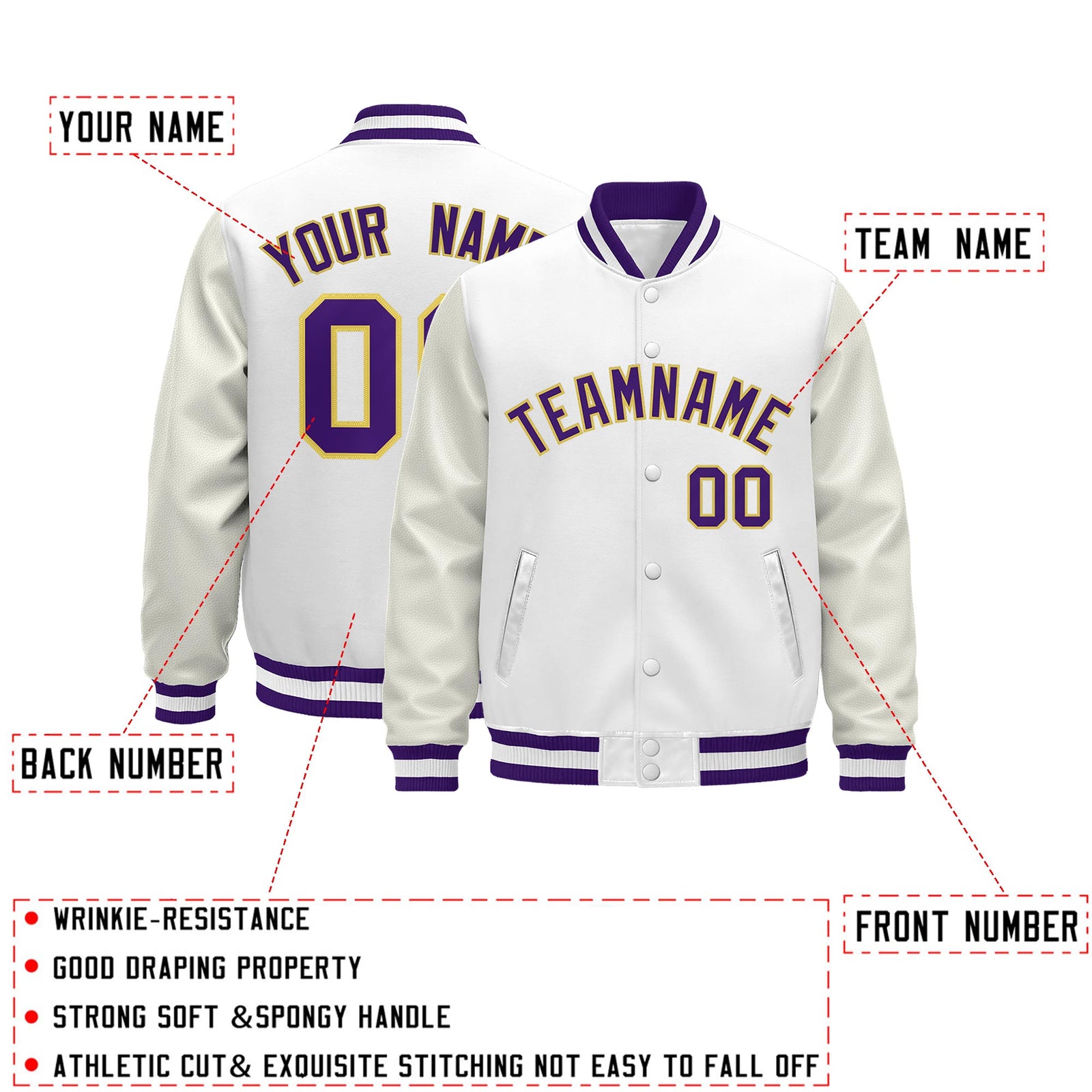 Custom White Purple Classic Style Leather Sleeves Wrinkle-Resistant Jacket| KXKSHOP