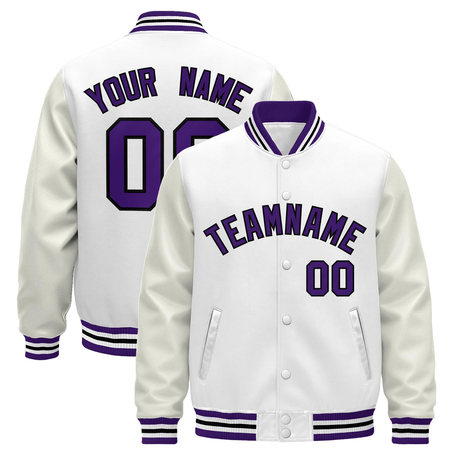 Custom White Purple Black Jacket - Classic Style Leather Sleeves Wrinkle-Resistant