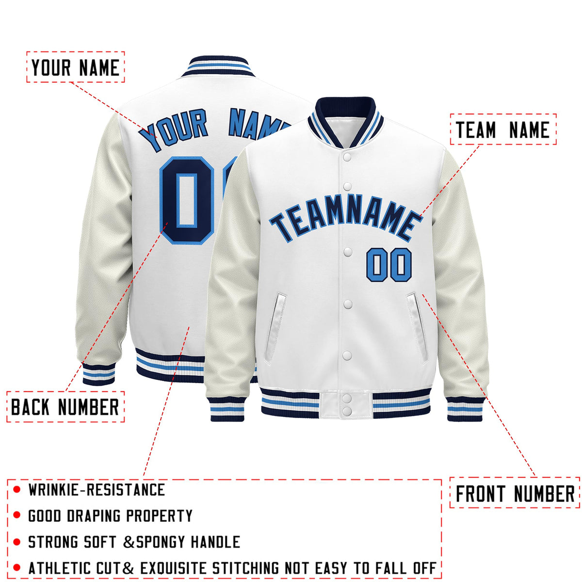 Custom White Navy Powder Blue Classic Style Leather Sleeves Wrinkle-Resistant Jacket| KXKSHOP