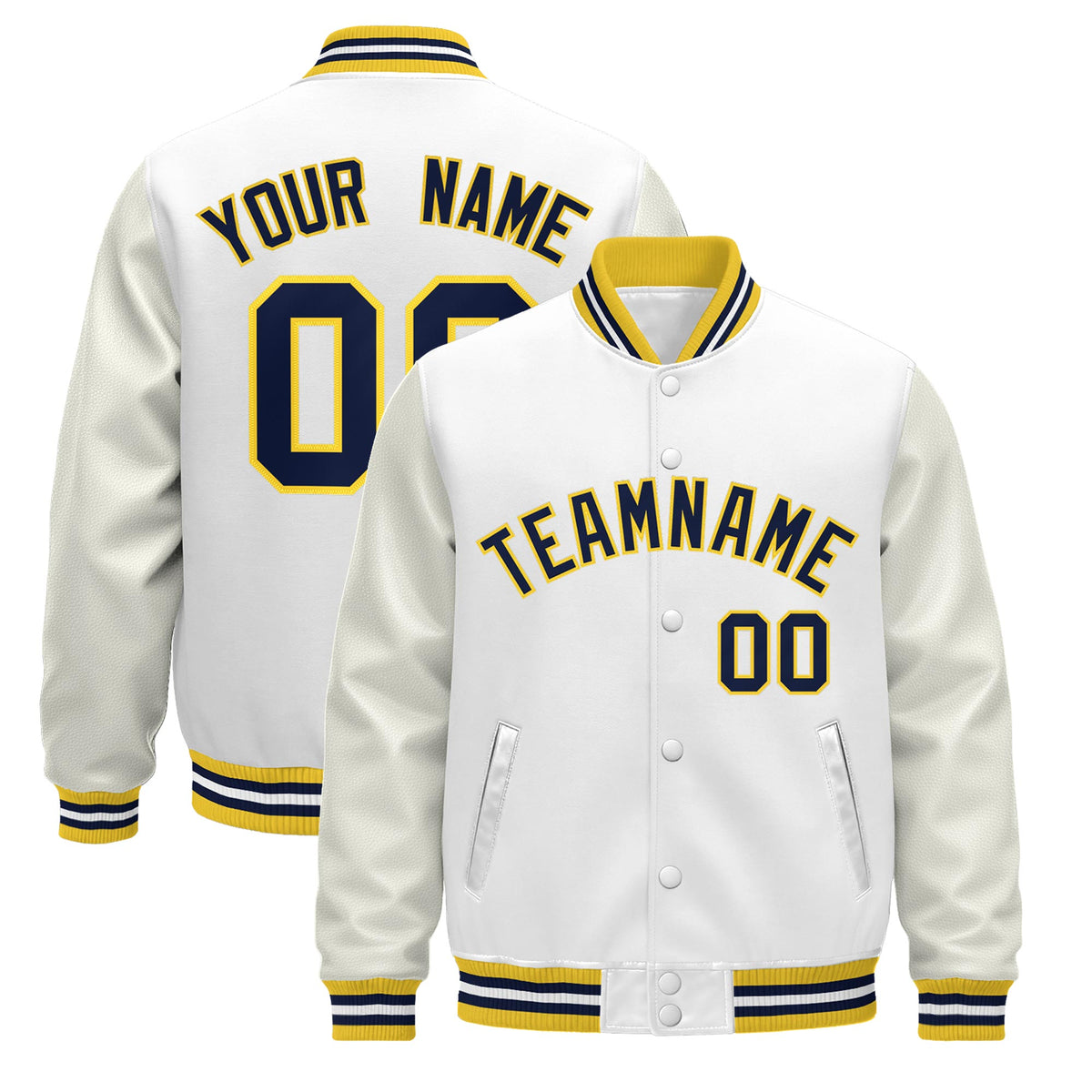 Custom White Gold Navy Jacket - Classic Style Leather Sleeves Wrinkle-Resistant