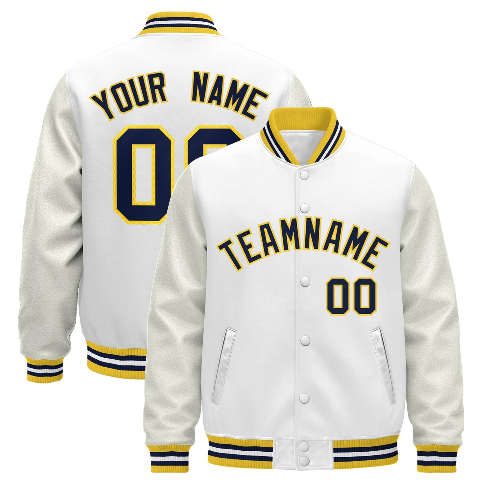 Custom White Gold Navy Jacket - Classic Style Leather Sleeves Wrinkle-Resistant