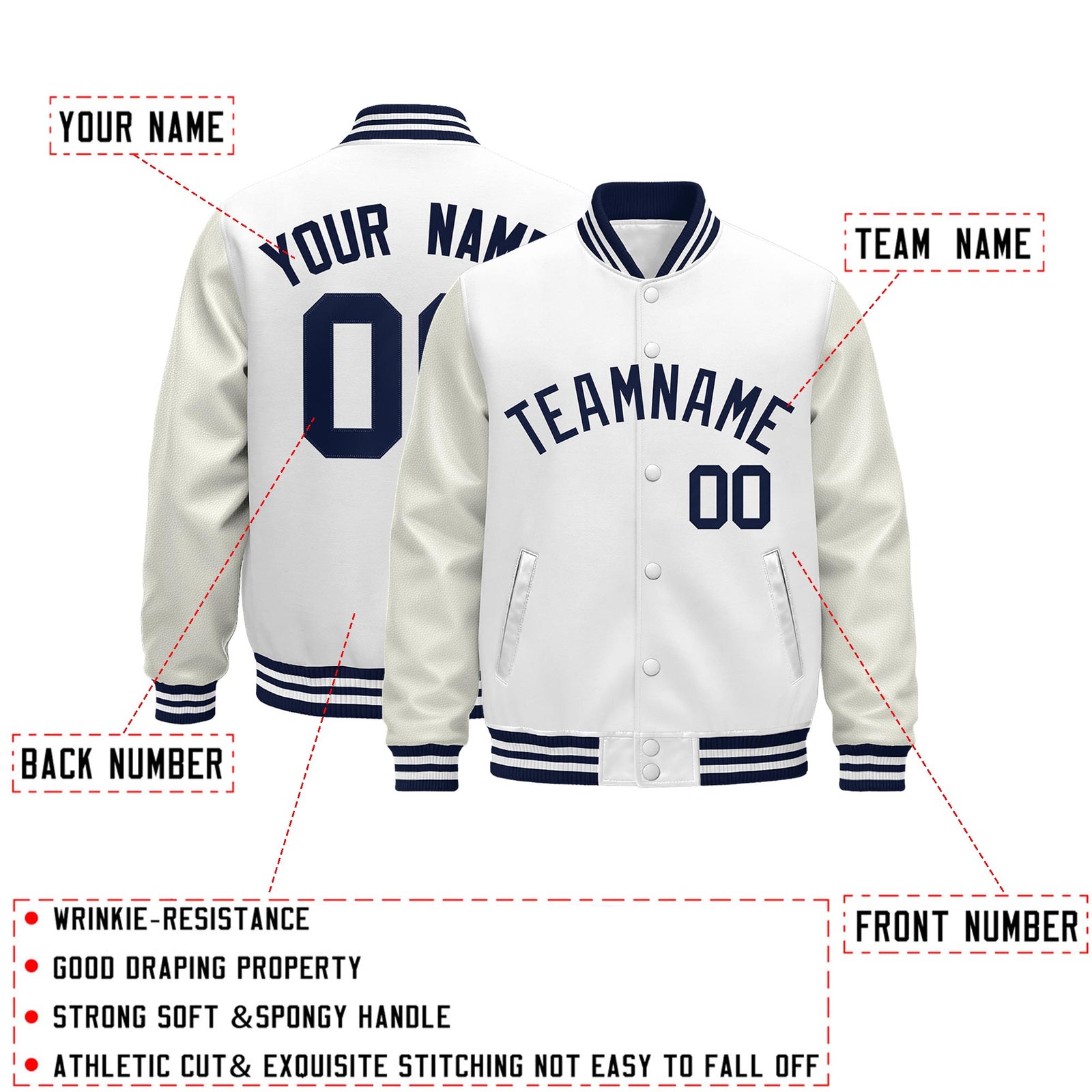 Custom White Navy Classic Style Leather Sleeves Wrinkle-Resistant Jacket| KXKSHOP