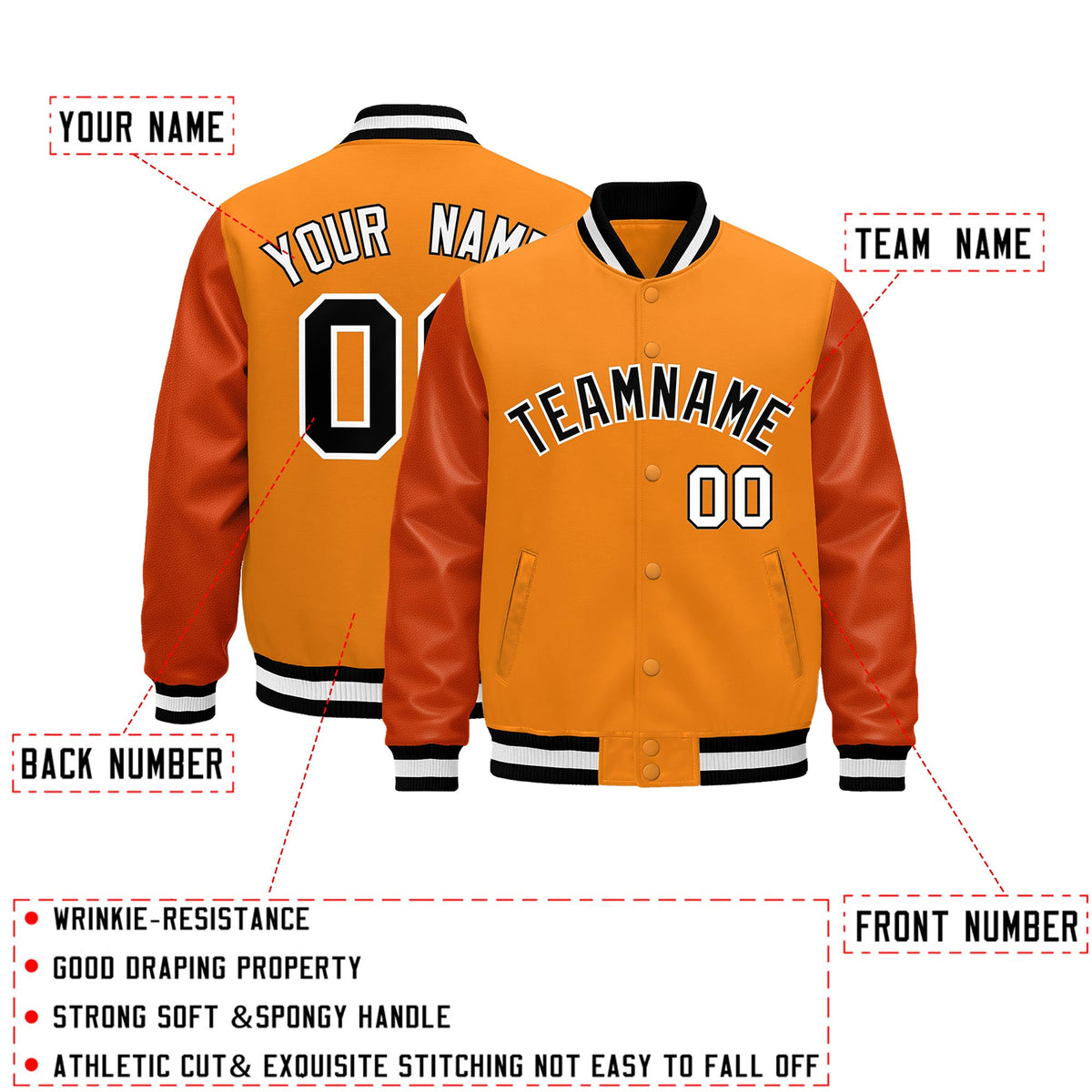 Custom Orange Black White Classic Style Leather Sleeves Wrinkle-Resistant Jacket| KXKSHOP