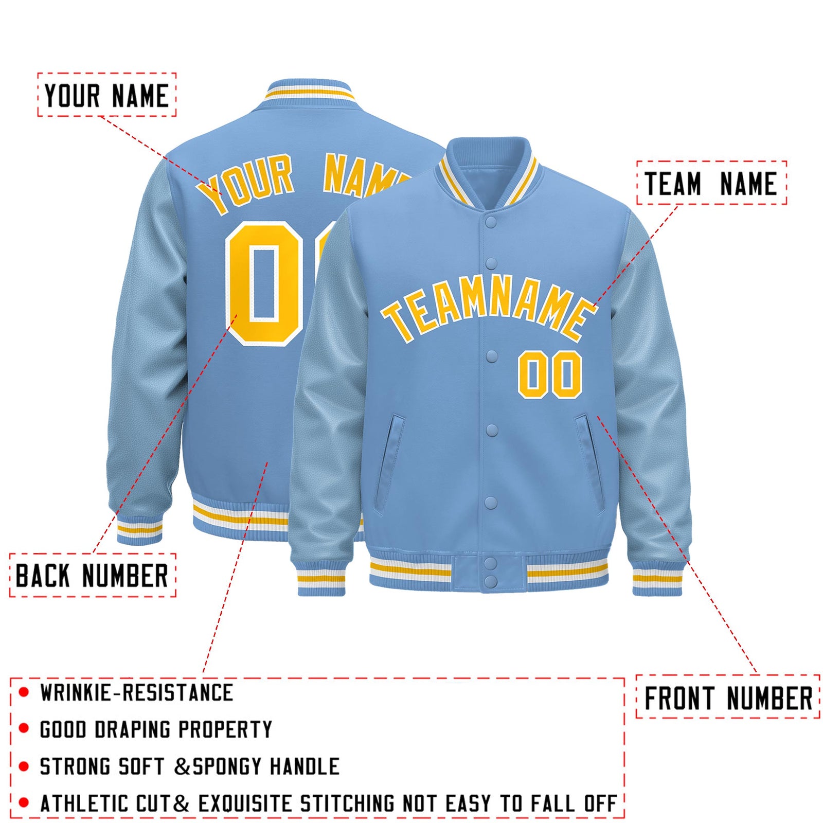 Custom Powder Blue Light Blue White Classic Style Leather Sleeves Wrinkle-Resistant Jacket| KXKSHOP