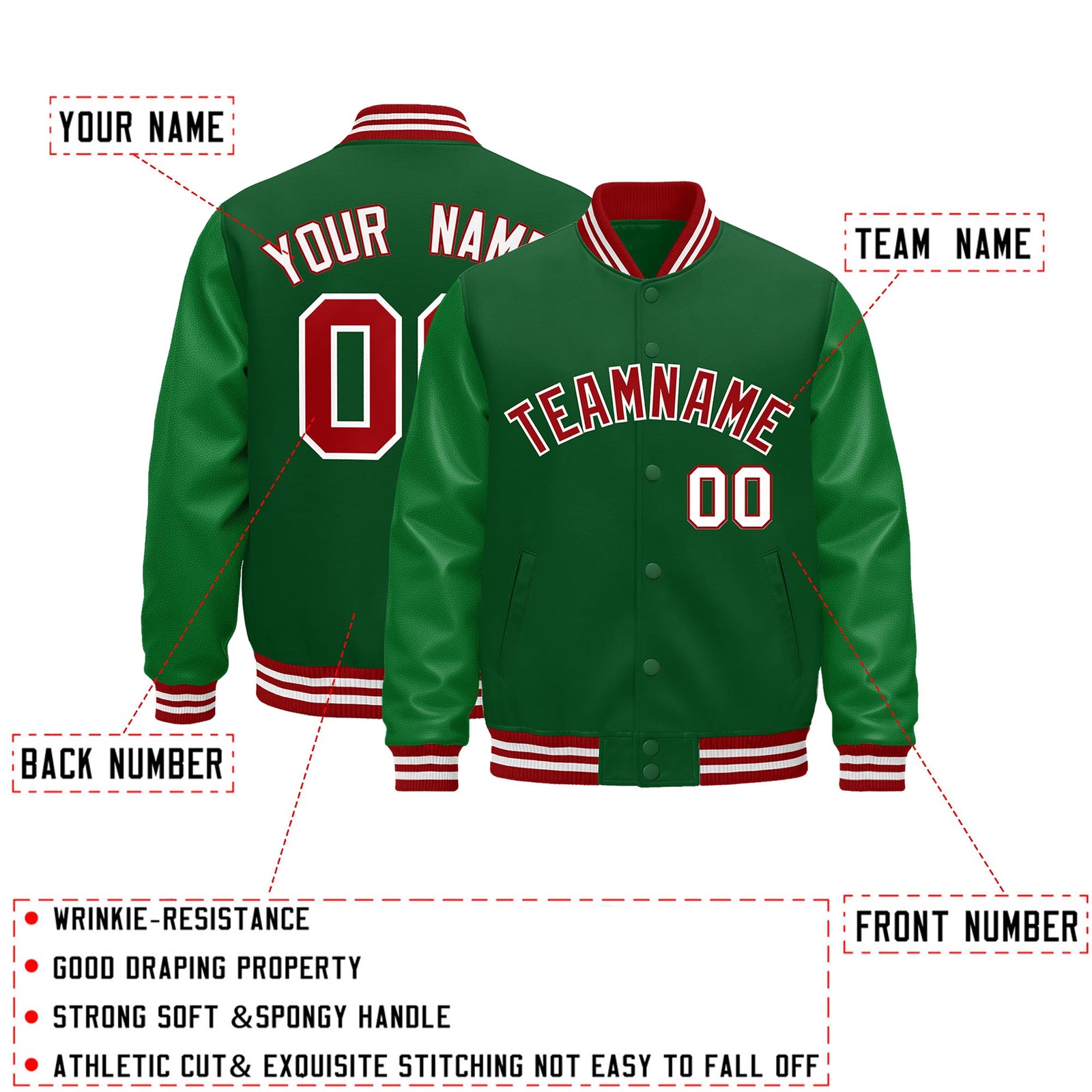Custom Kelly Green Red White Classic Style Leather Sleeves Wrinkle-Resistant Jacket| KXKSHOP