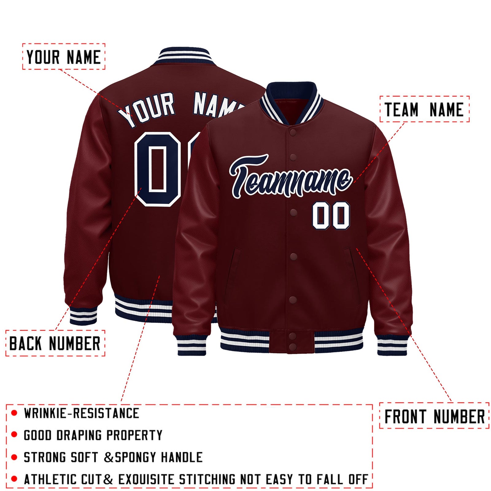 Custom Burgundy White Classic Style Leather Sleeves Wrinkle-Resistant Jacket| KXKSHOP