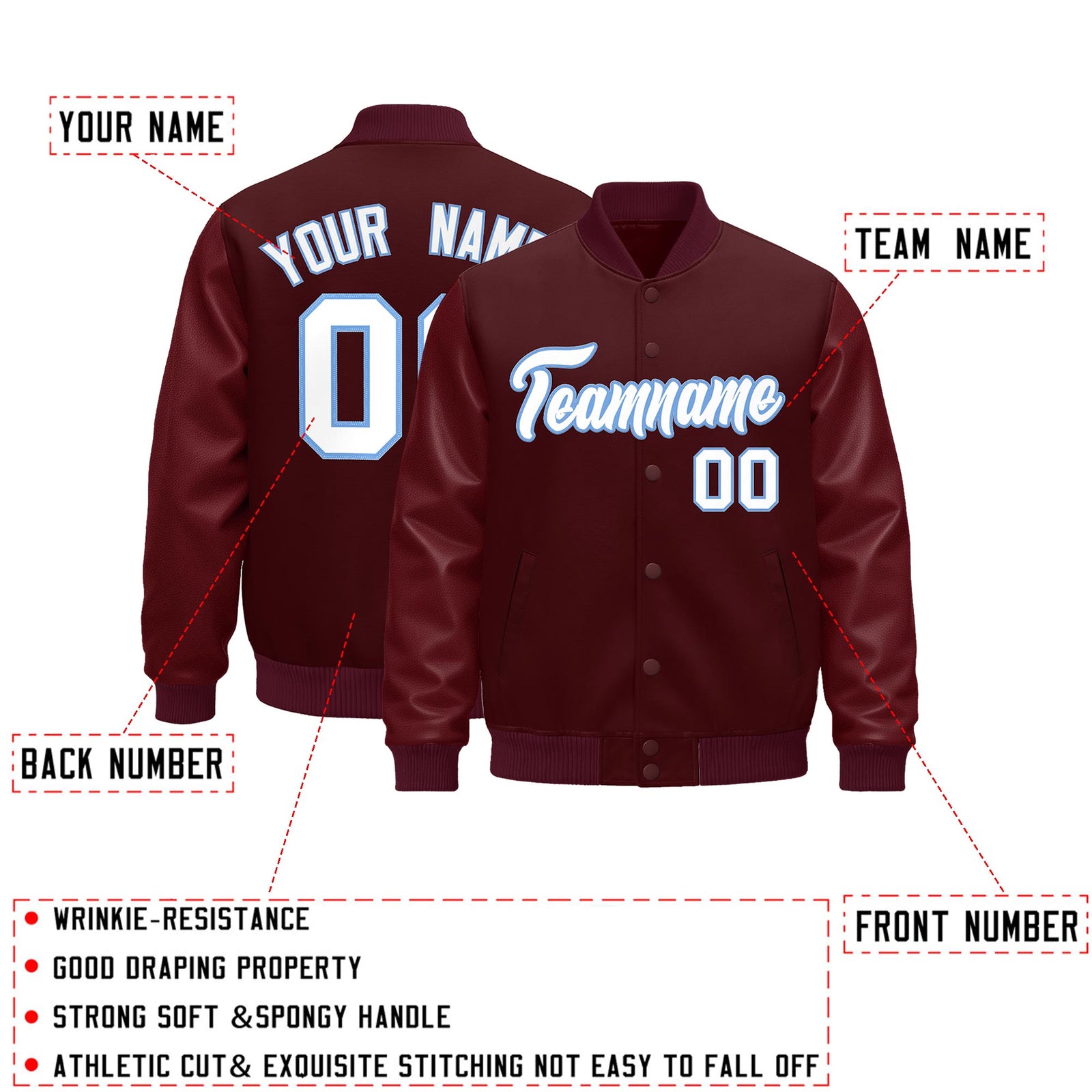 Custom Burgundy Light Blue Classic Style Leather Sleeves Wrinkle-Resistant Jacket| KXKSHOP