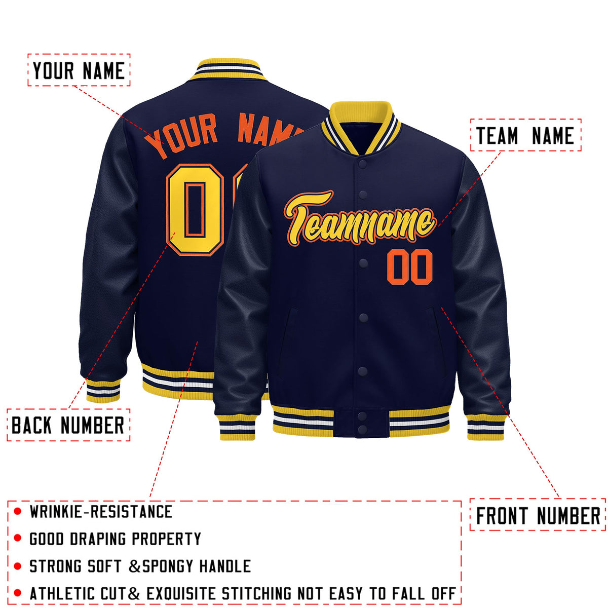 Custom Navy yellow Classic Style Leather Sleeves Wrinkle-Resistant Jacket| KXKSHOP