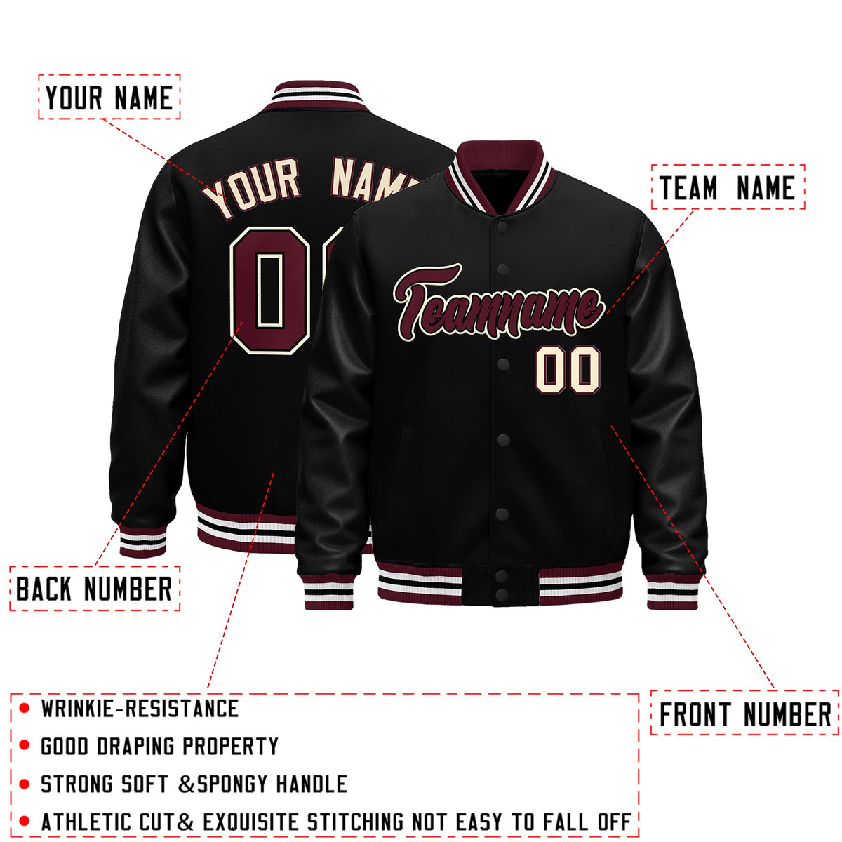 Custom Black Crimson White Classic Style Leather Sleeves Wrinkle-Resistant Jacket| KXKSHOP