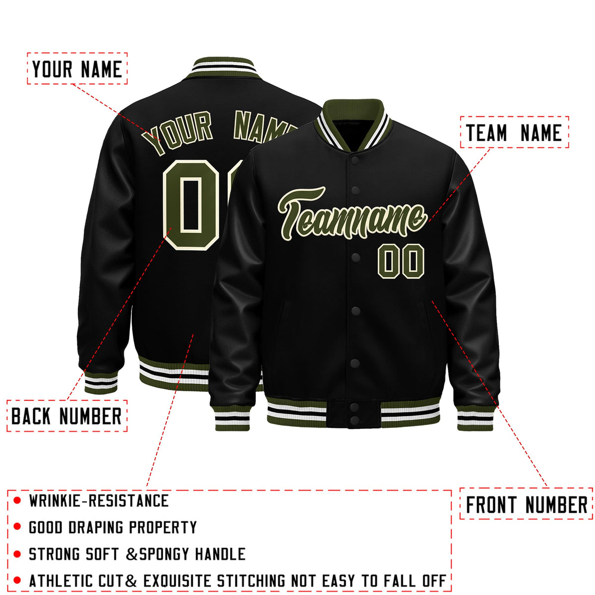 Custom Black Olive White Classic Style Leather Sleeves Wrinkle-Resistant Jacket| KXKSHOP