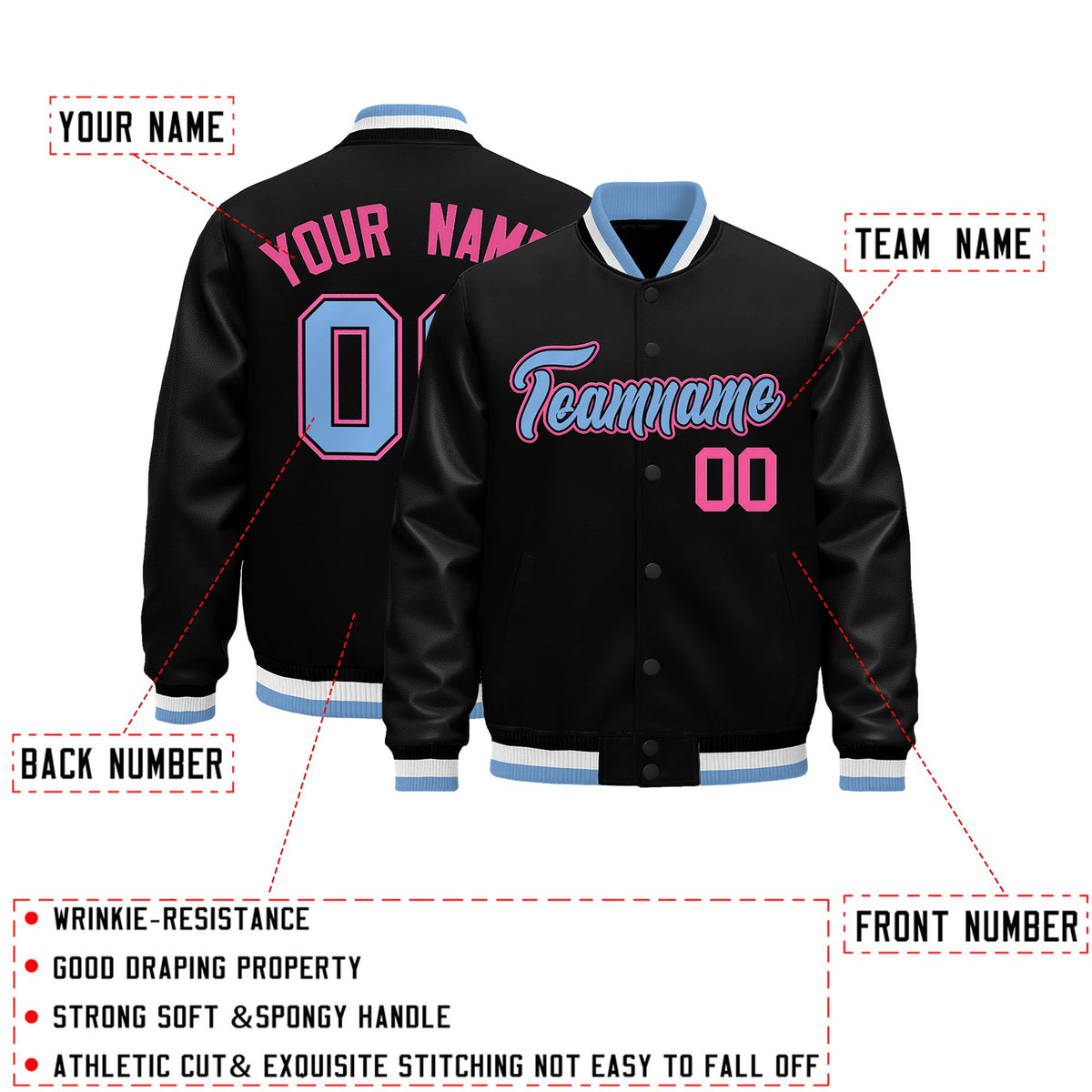 Custom Black Light Blue White Classic Style Leather Sleeves Wrinkle-Resistant Jacket| KXKSHOP