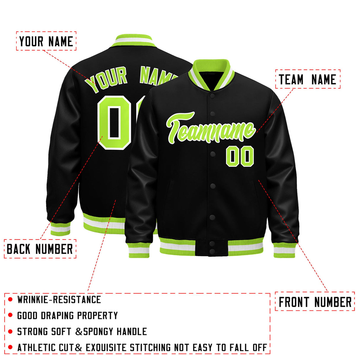 Custom Black Neon Green White Classic Style Leather Sleeves Wrinkle-Resistant Jacket| KXKSHOP