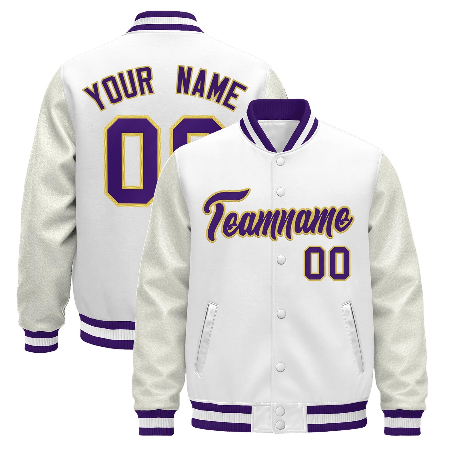 Custom White Purple Jacket - Classic Style Leather Sleeves Wrinkle-Resistant