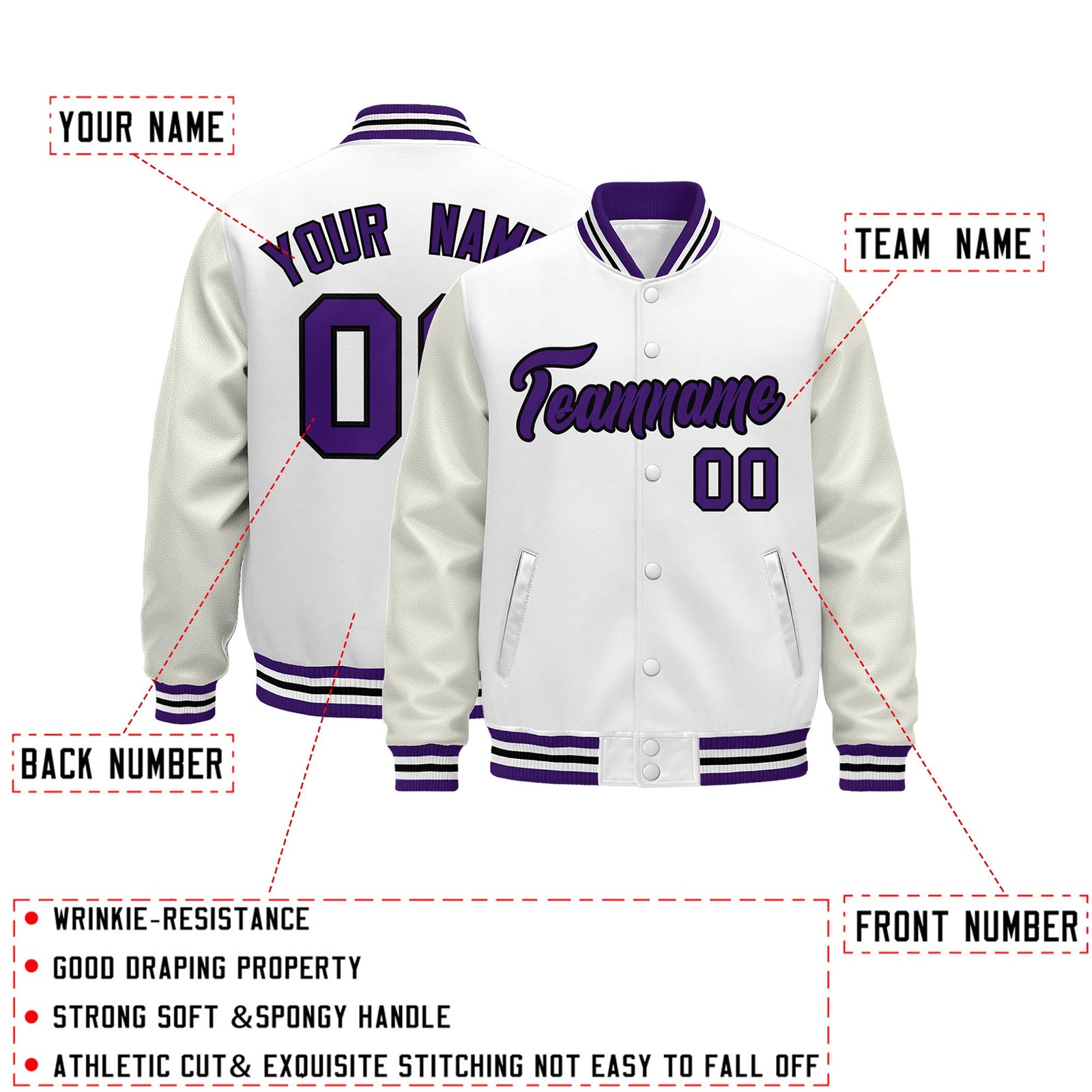 Custom White Purple Black Classic Style Leather Sleeves Wrinkle-Resistant Jacket| KXKSHOP