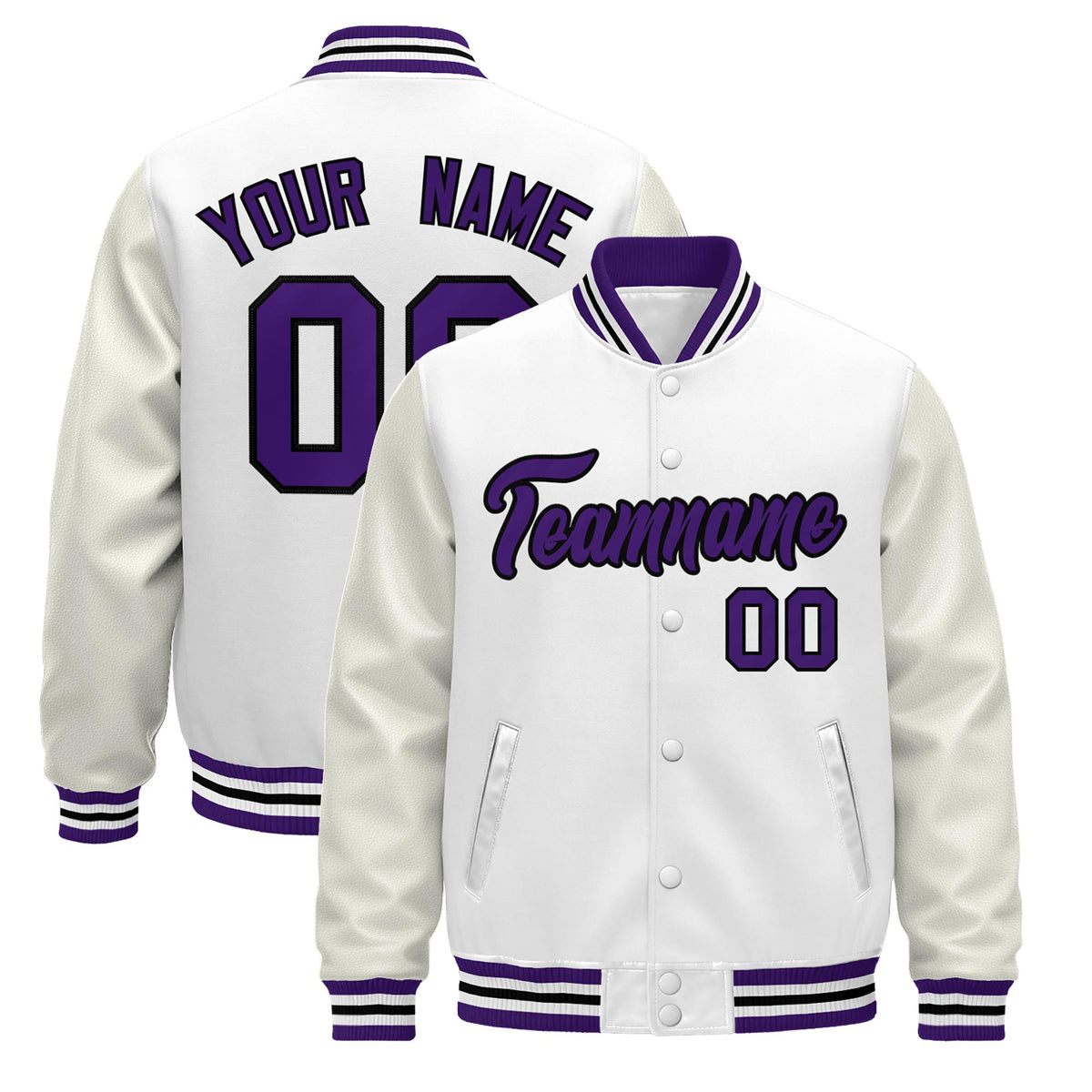Custom White Purple Black Jacket - Classic Style Leather Sleeves Wrinkle-Resistant