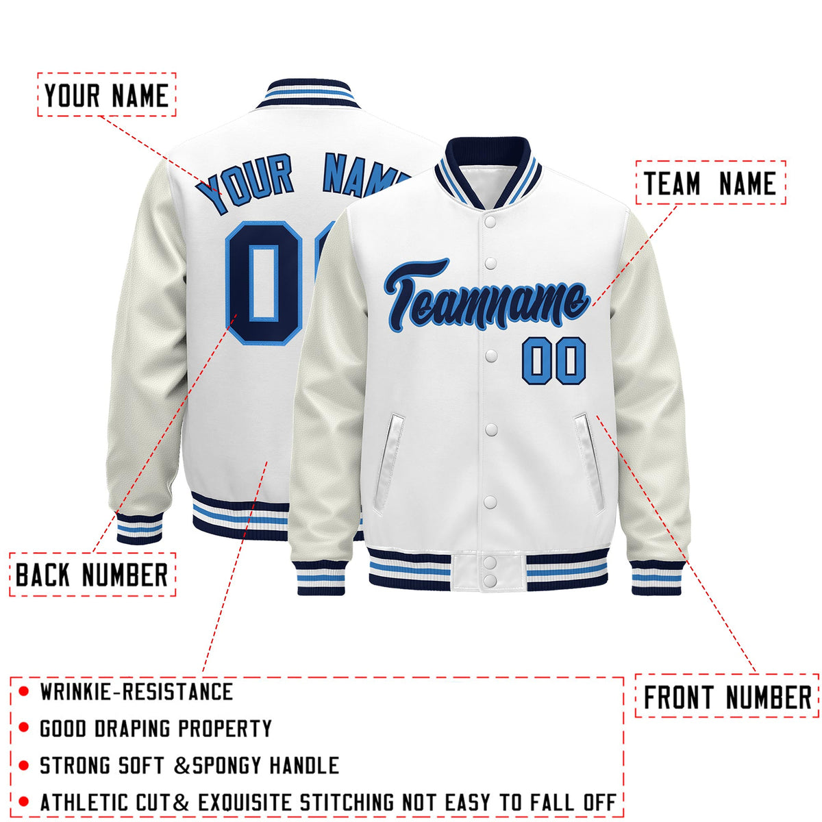 Custom White Navy Powder Blue Classic Style Leather Sleeves Wrinkle-Resistant Jacket| KXKSHOP