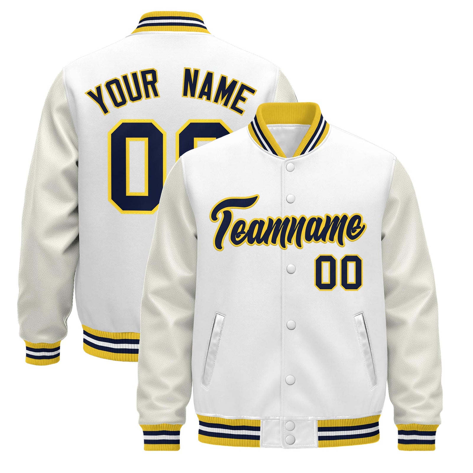 Custom White Gold Navy Jacket - Classic Style Leather Sleeves Wrinkle-Resistant
