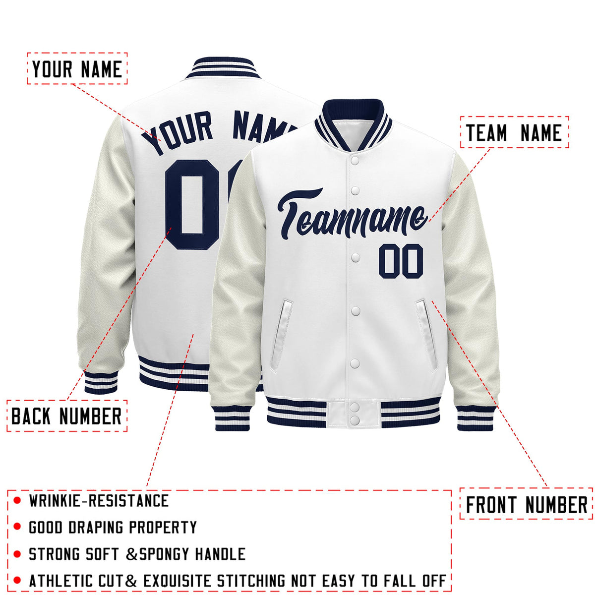 Custom White Navy Classic Style Leather Sleeves Wrinkle-Resistant Jacket| KXKSHOP