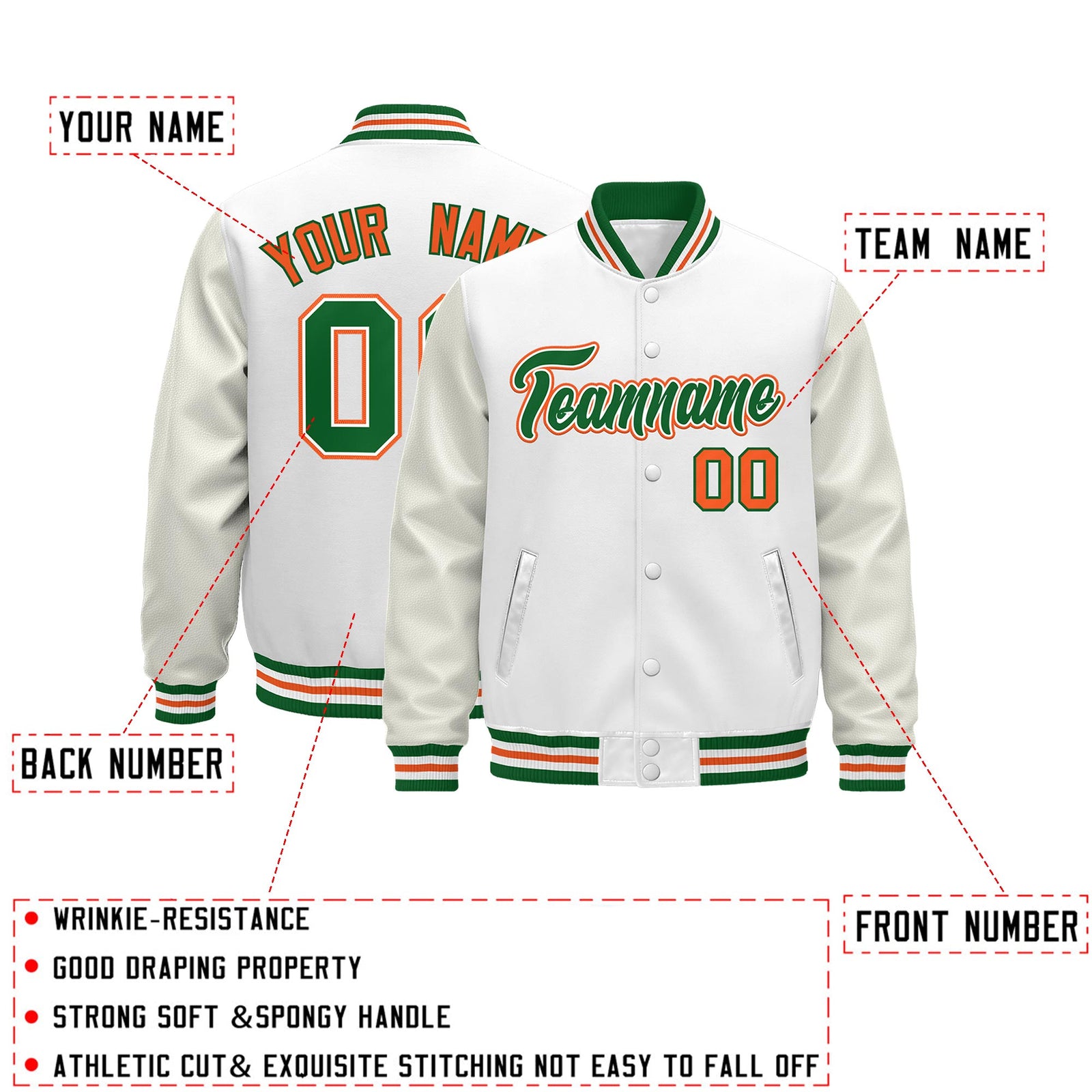 Custom White Kelly Green Orange Classic Style Leather Sleeves Wrinkle-Resistant Jacket| KXKSHOP