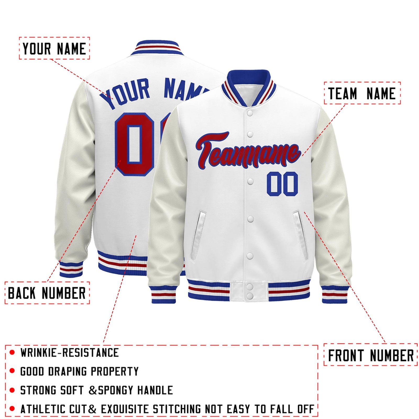 Custom White Royal Blue Red Classic Style Leather Sleeves Wrinkle-Resistant Jacket| KXKSHOP