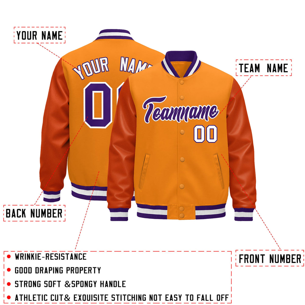 Custom Orange Purple White Classic Style Leather Sleeves Wrinkle-Resistant Jacket| KXKSHOP