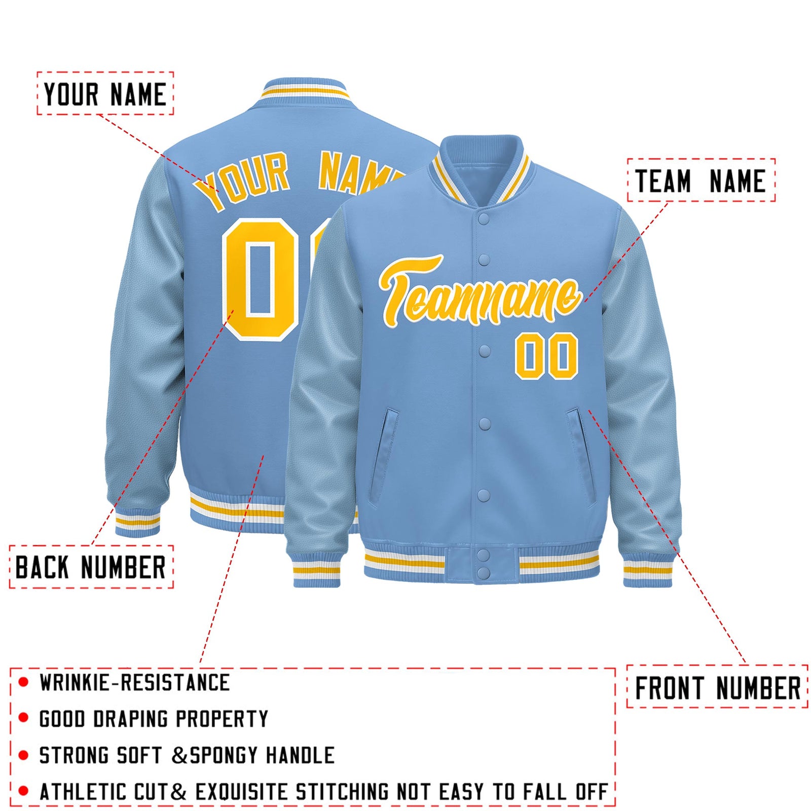 Custom Powder Blue Light Blue White Classic Style Leather Sleeves Wrinkle-Resistant Jacket| KXKSHOP