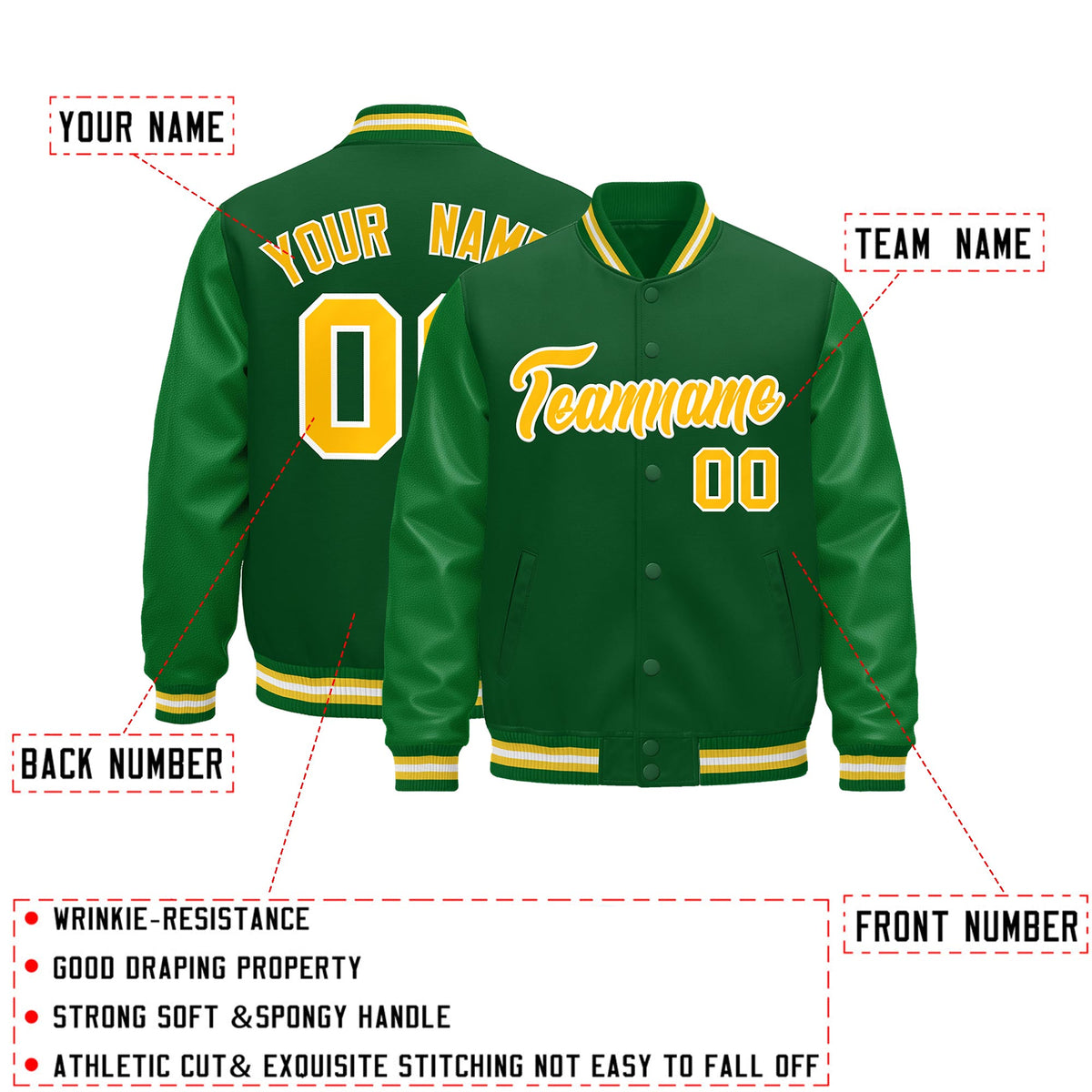 Custom Kelly Green Gold White Classic Style Leather Sleeves Wrinkle-Resistant Jacket| KXKSHOP