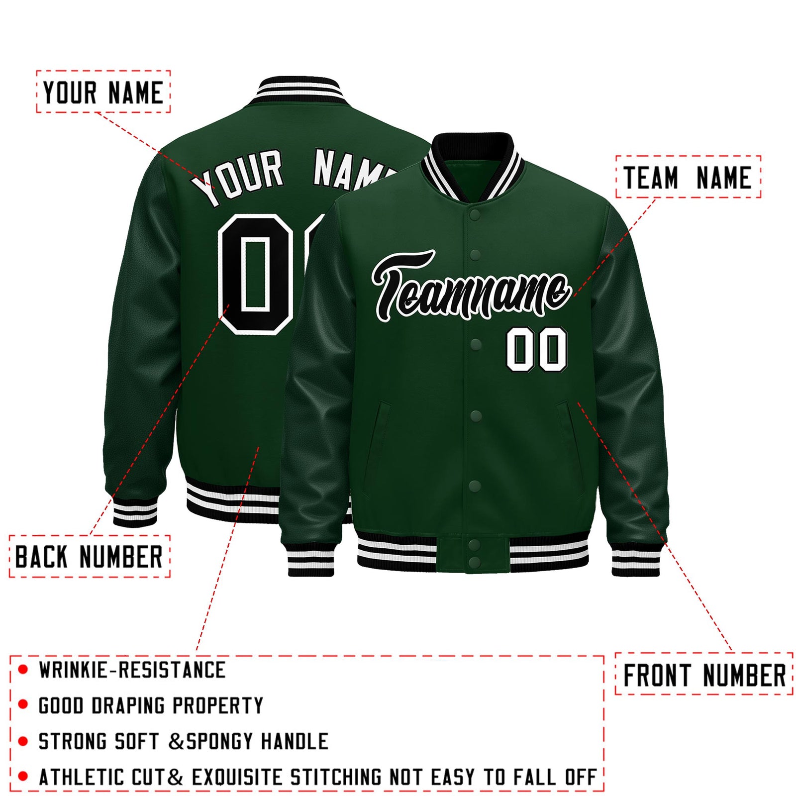 Custom Green Black White Classic Style Leather Sleeves Wrinkle-Resistant Jacket| KXKSHOP
