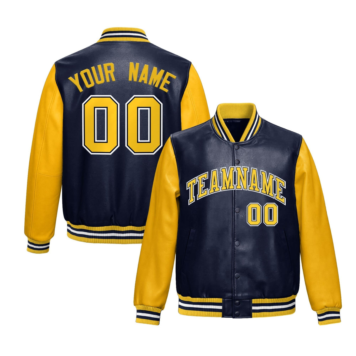 Custom Navy Yellow White Raglan Sleeves Full-Snap Varsity Faux Leather Letterman Jacket| KXKSHOP