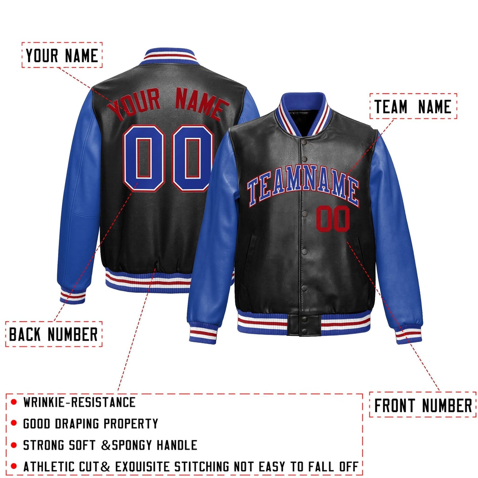 Custom Black Royal Blue Red Raglan Sleeves Full-Snap Varsity Faux Leather Letterman Jacket| KXKSHOP