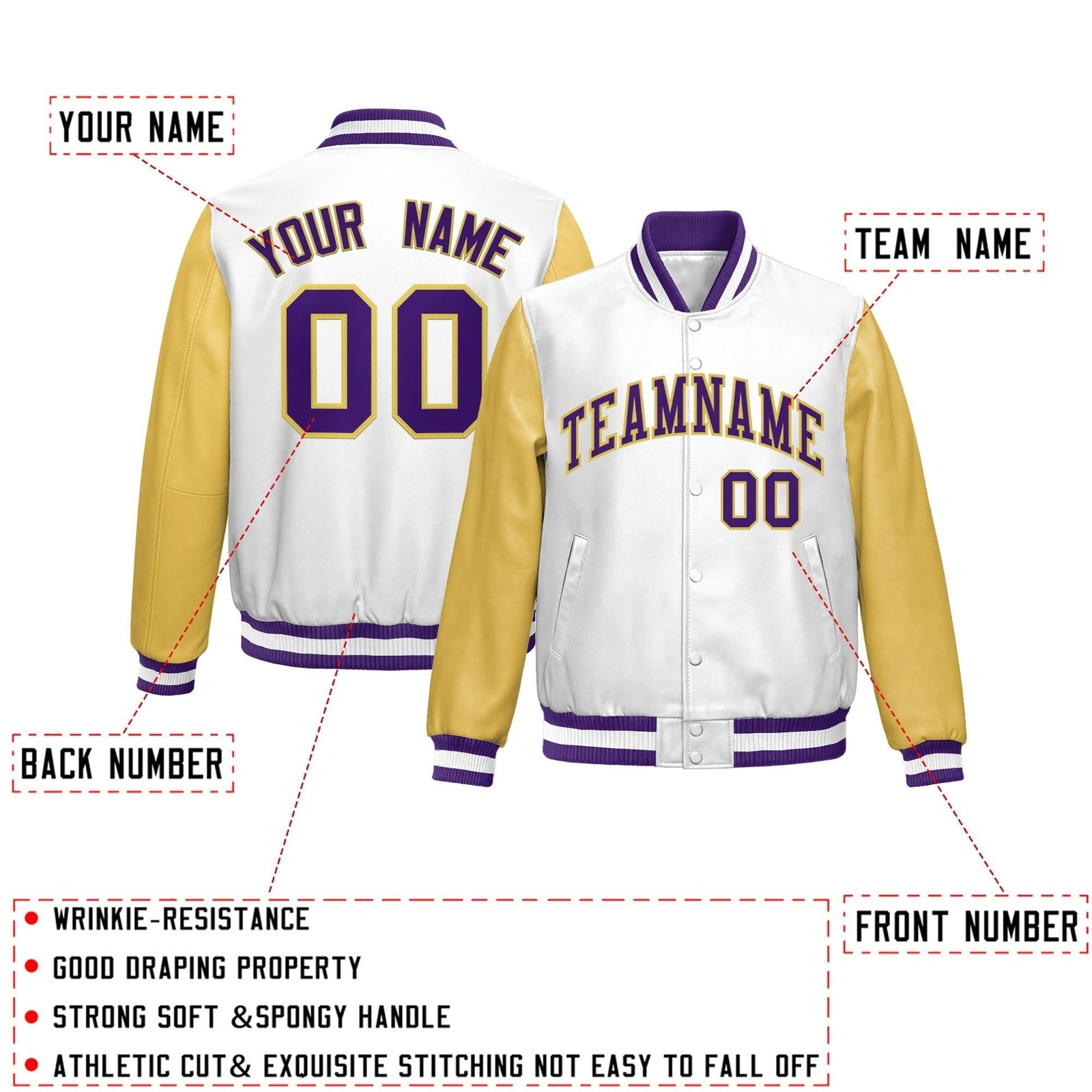 Custom White Khaki Raglan Sleeves Full-Snap Varsity Faux Leather Letterman Jacket| KXKSHOP