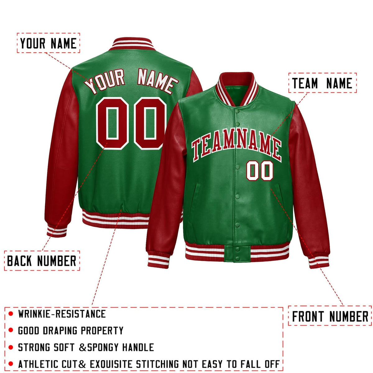 Custom Kelly Green Red Raglan Sleeves Full-Snap Varsity Faux Leather Letterman Jacket| KXKSHOP