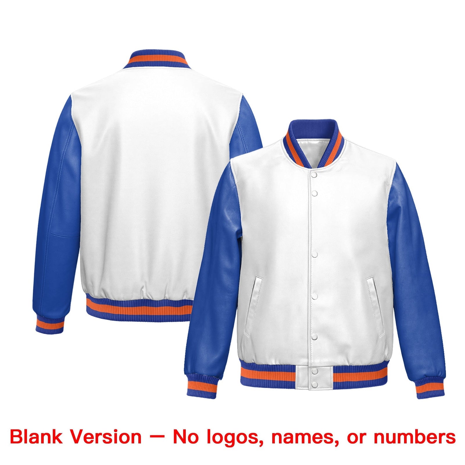 Custom White Royal Blue Raglan Sleeves Full-Snap Varsity Faux Leather Letterman Jacket| KXKSHOP