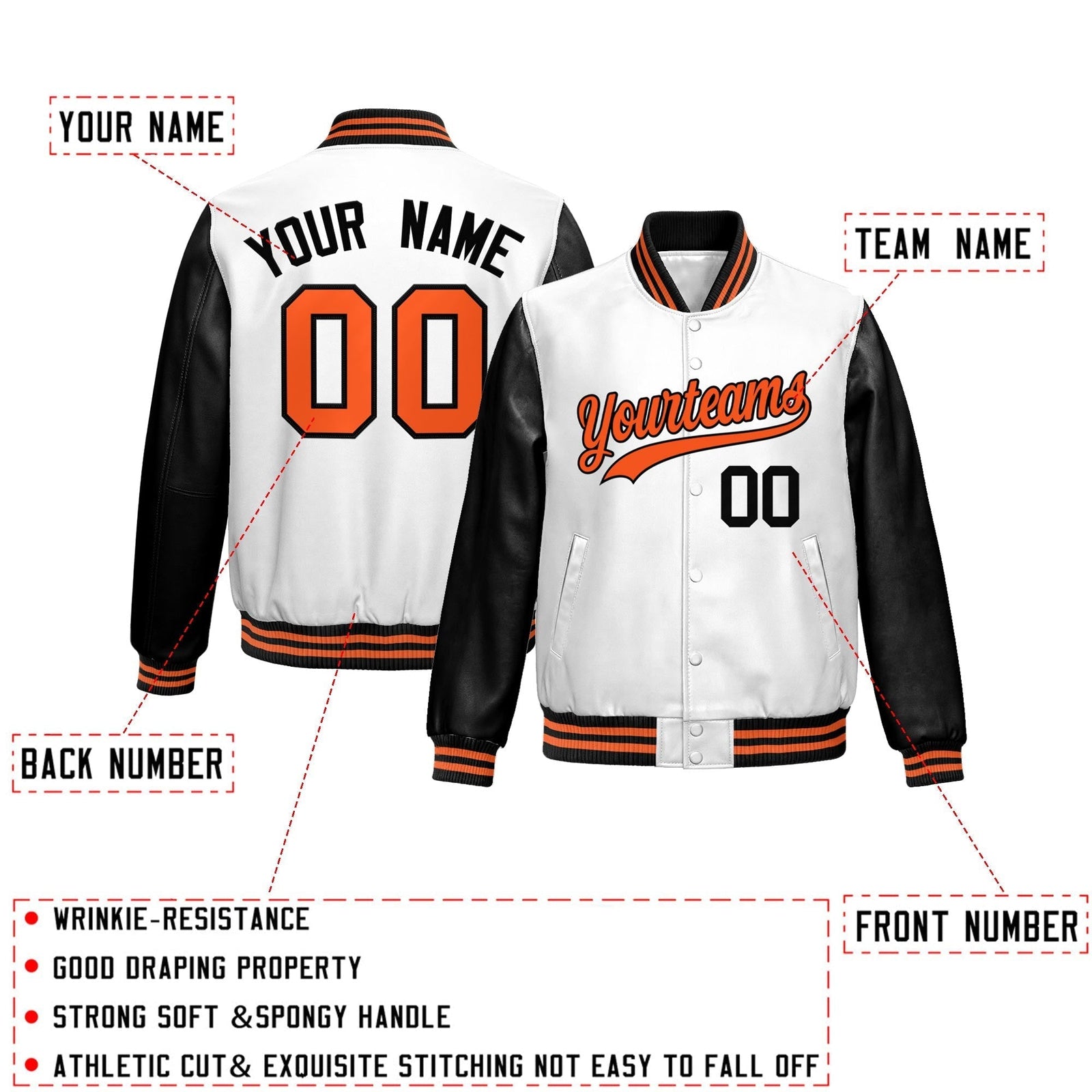 Custom White Black Raglan Sleeves Full-Snap Varsity Faux Leather Letterman Jacket| KXKSHOP