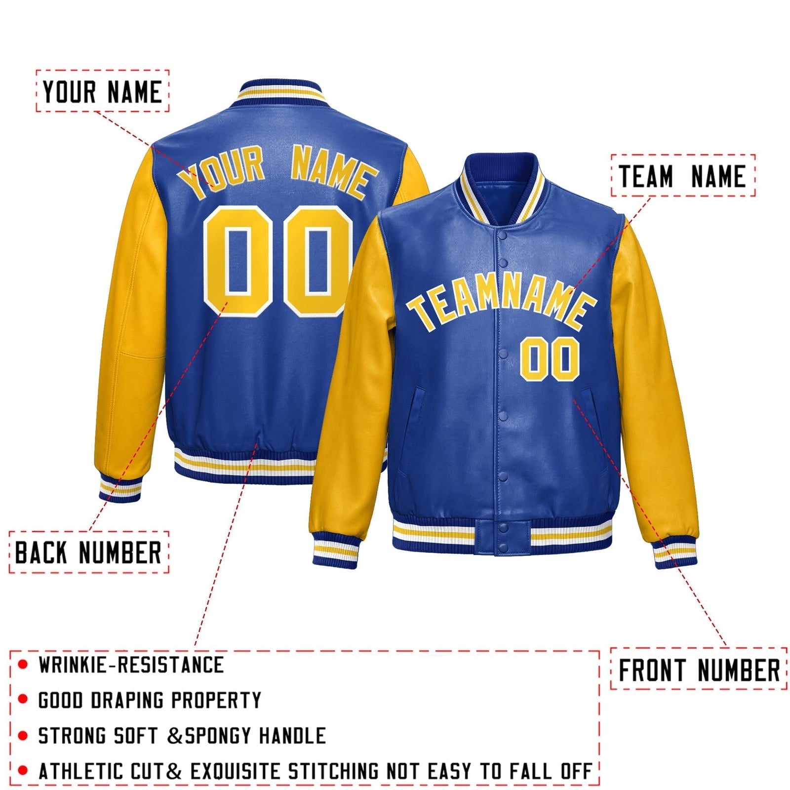 Custom Royal Blue Yellow Raglan Sleeves Full-Snap Varsity Faux Leather Letterman Jacket| KXKSHOP