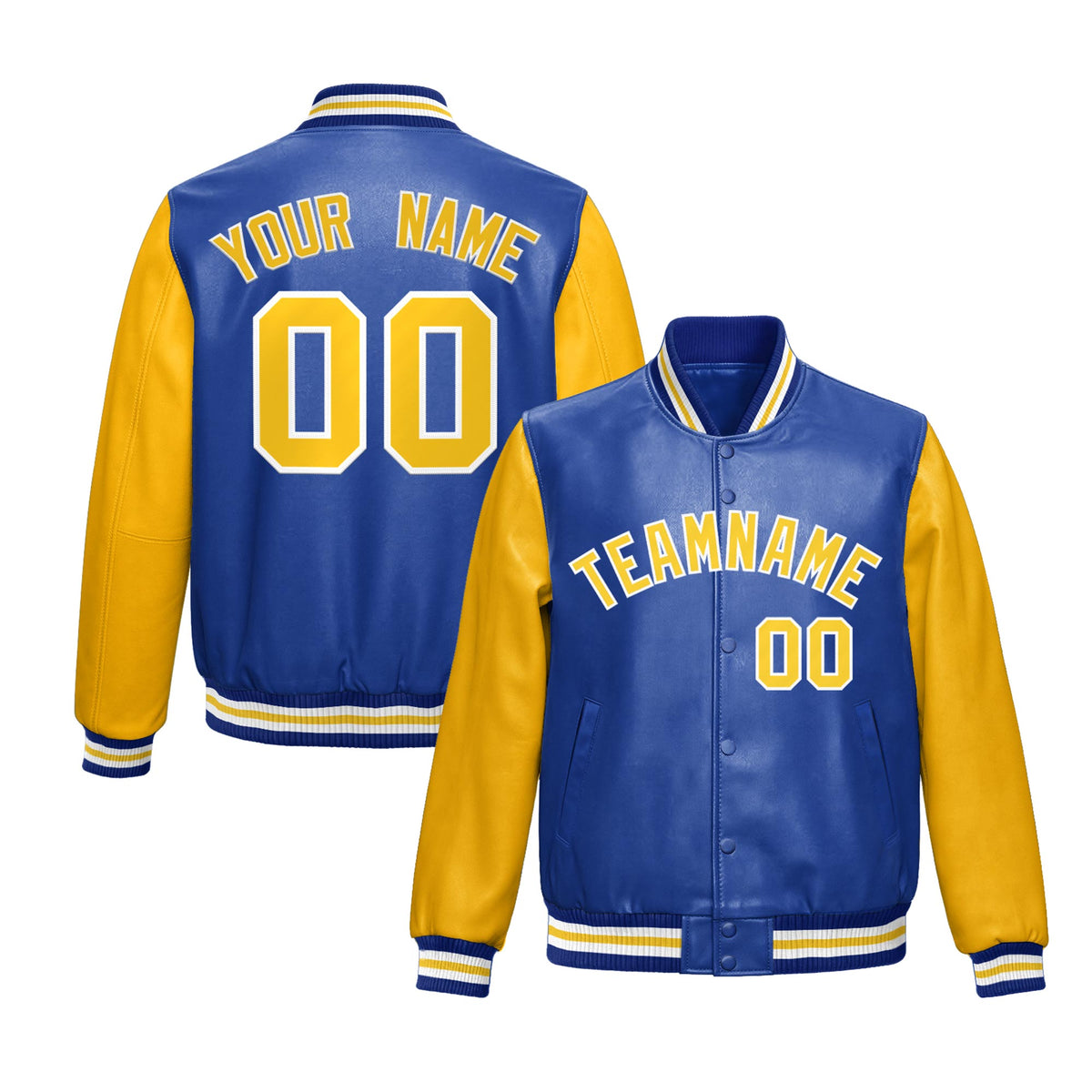 Custom Royal Blue Yellow Raglan Sleeves Full-Snap Varsity Faux Leather Letterman Jacket| KXKSHOP