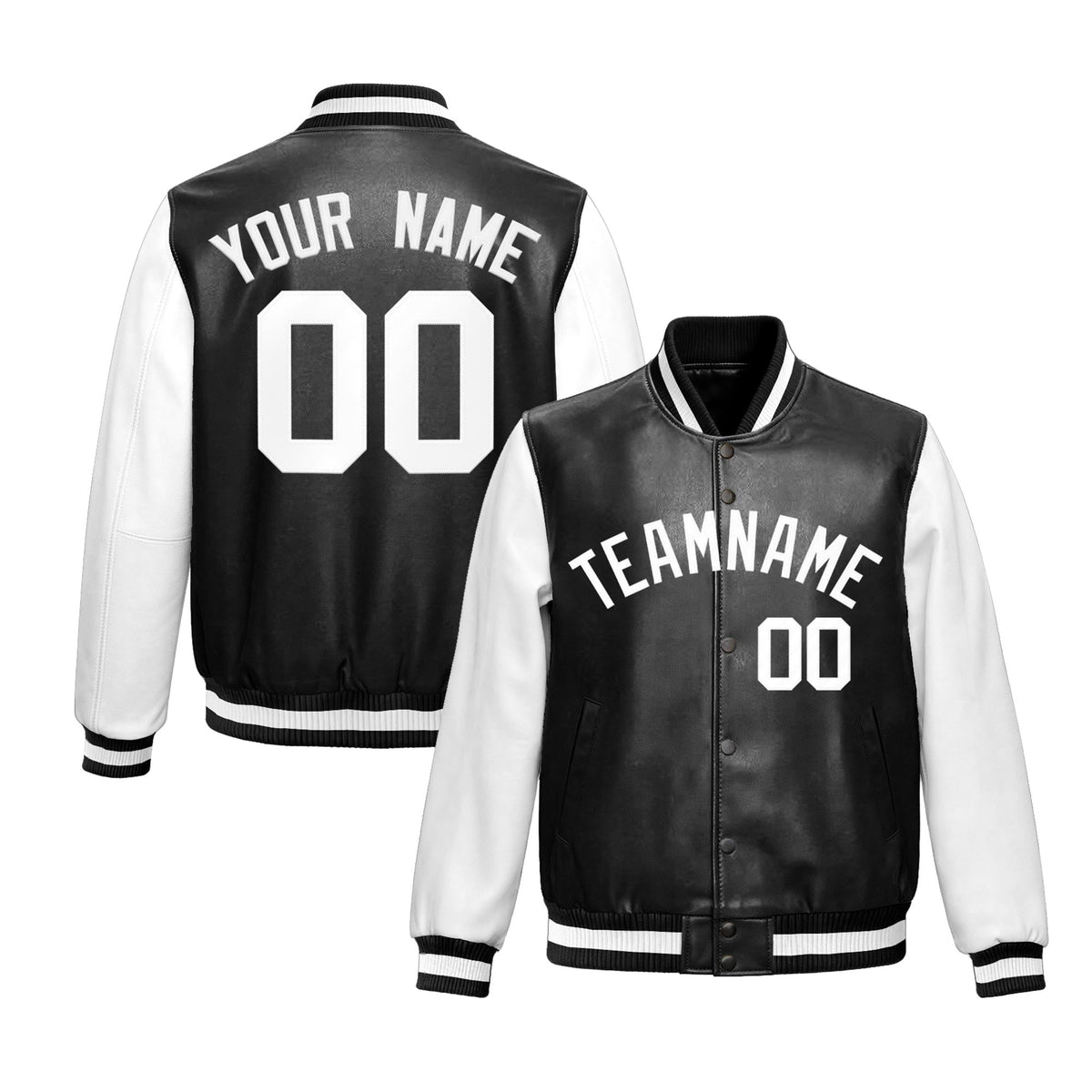 Custom Black White Raglan Sleeves Full-Snap Varsity Faux Leather Letterman Jacket| KXKSHOP