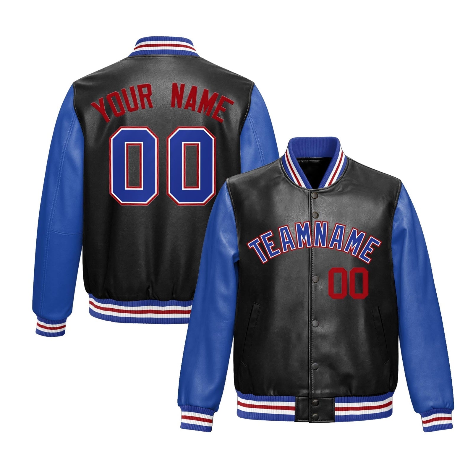 Custom Black Royal Blue Red Raglan Sleeves Full-Snap Varsity Faux Leather Letterman Jacket| KXKSHOP