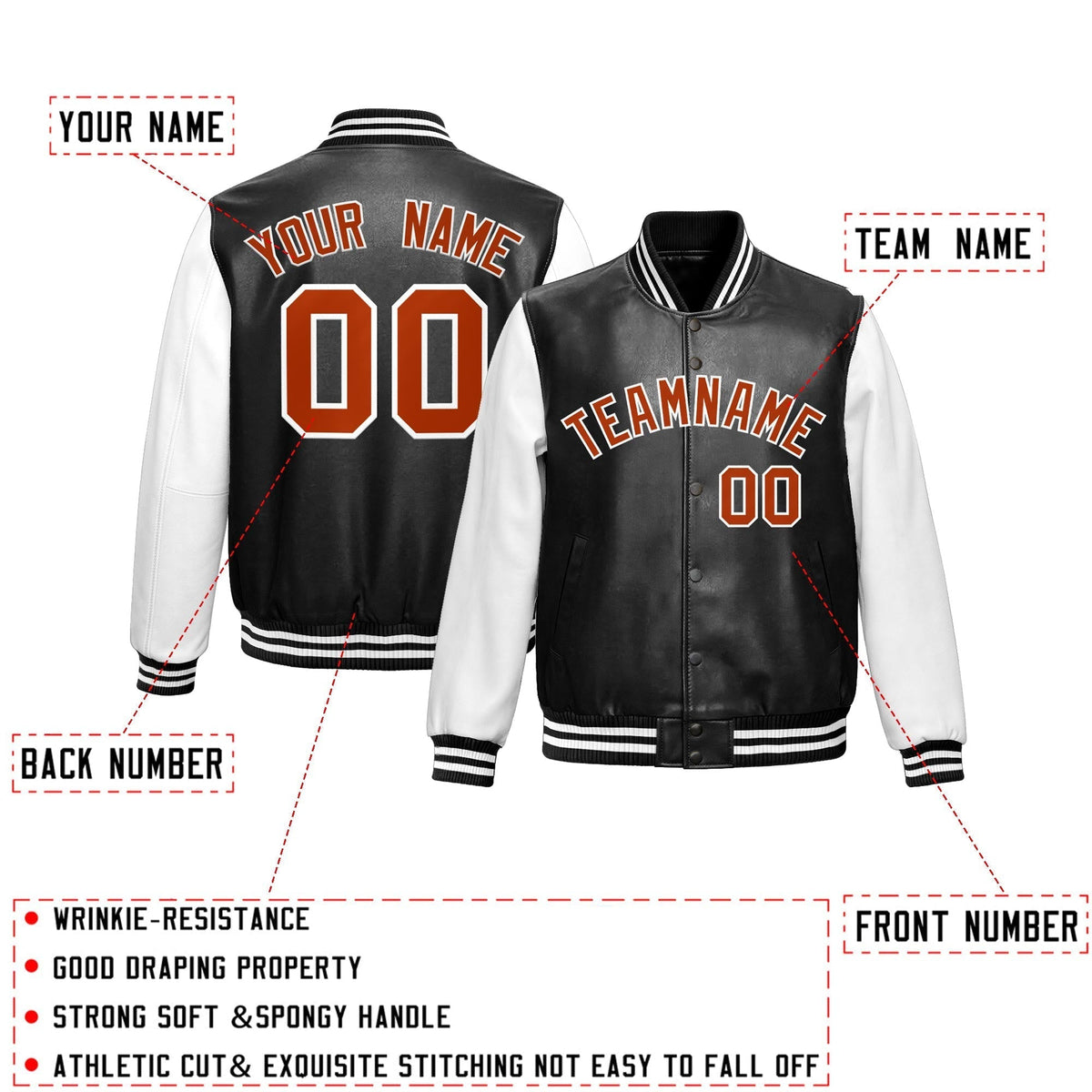 Custom Black White Dark Orange Raglan Sleeves Full-Snap Varsity Faux Leather Letterman Jacket| KXKSHOP