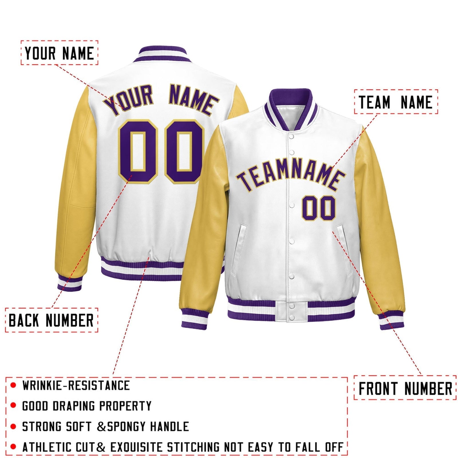 Custom White Khaki Raglan Sleeves Full-Snap Varsity Faux Leather Letterman Jacket| KXKSHOP