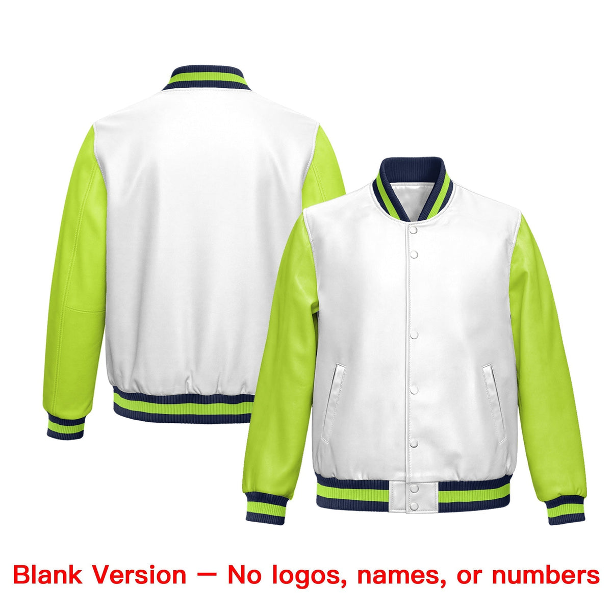 Custom White Neon Green Raglan Sleeves Full-Snap Varsity Faux Leather Letterman Jacket| KXKSHOP