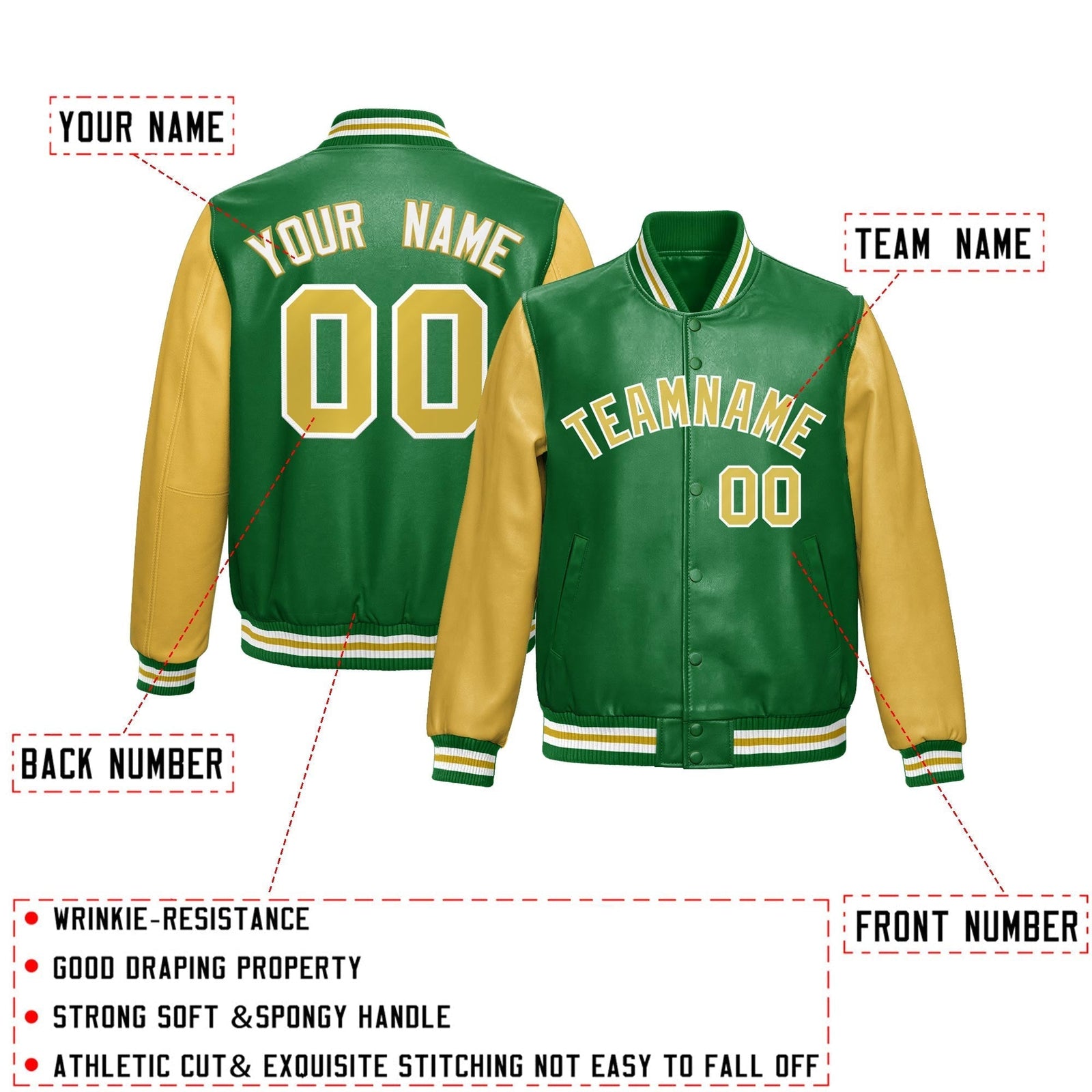 Custom Kelly Green Khaki Raglan Sleeves Full-Snap Varsity Faux Leather Letterman Jacket| KXKSHOP