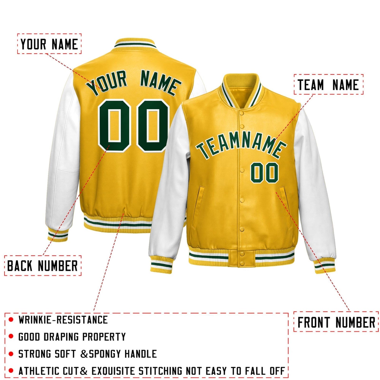 Custom Yellow White Raglan Sleeves Full-Snap Varsity Faux Leather Letterman Jacket| KXKSHOP